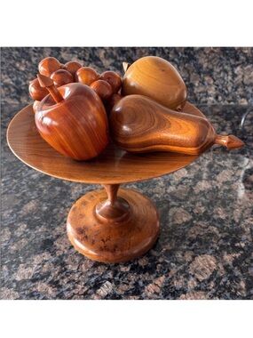 Vintage MCM Mid-Century Wooden Fruit Bowl Pedestal with Wooden Fruit